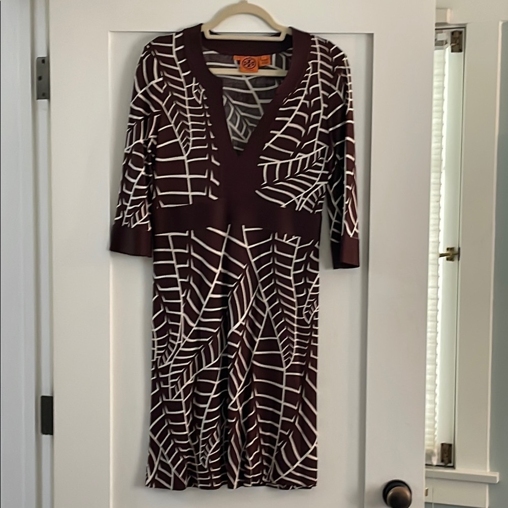 Vintage Tory Burch Silk Brown and White Patterned Women Dress